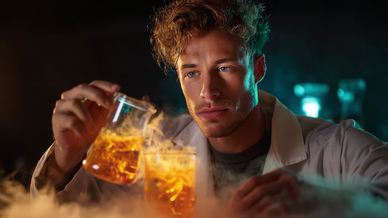Esperimento di laboratorio innovativo: giovane scienziato che analizza reazioni chimiche con soluzioni colorate ed effetti scenici di fumo in un moderno centro di ricerca