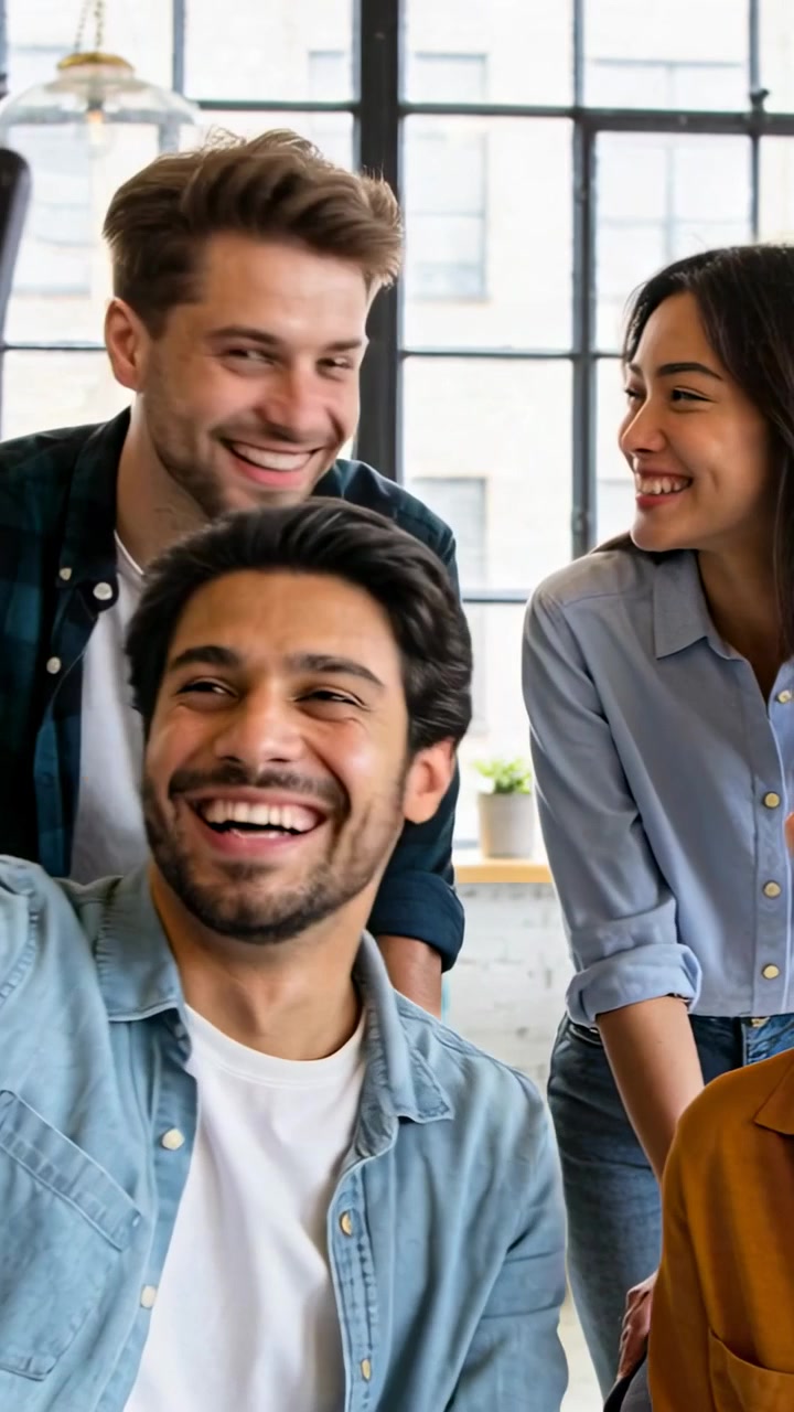 Video vertical: Girando hacia el smartphone a la izquierda, cuatro amigos inclinándose y posando para una selfie en la oficina.