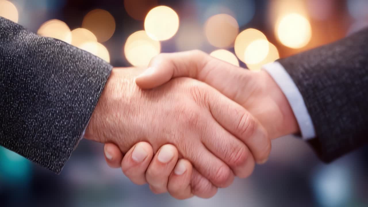 A Firm Handshake Captured in High Definition: Two Business Professionals Engaging in a Gesture of Agreement with a Dazzling Background of Blurred Lights