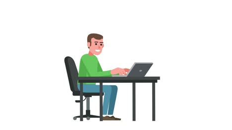 cartoon man character  work from laptop workplace loop animation isolated with luma matte for alpha
