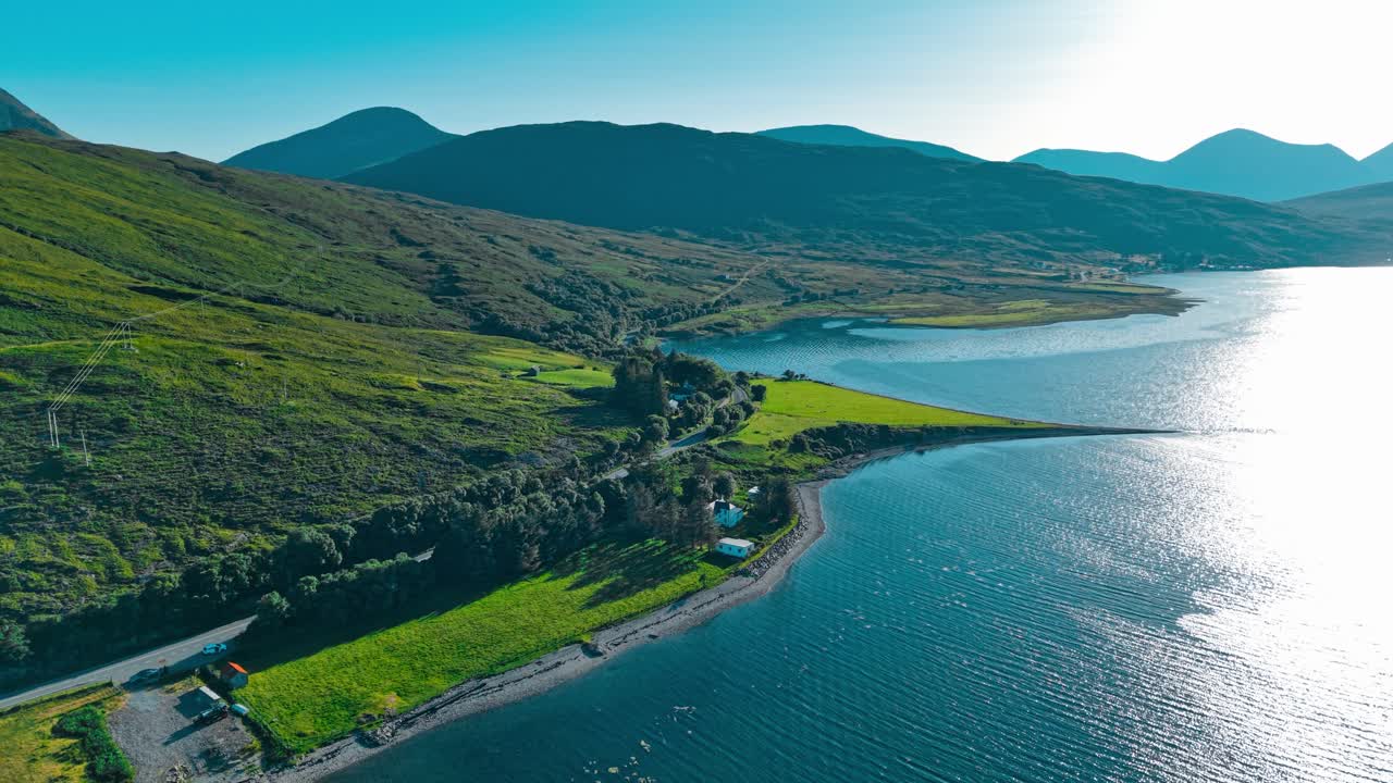 Aerial View of a Scenic Landscape with Lake, Mountains, and Coastline