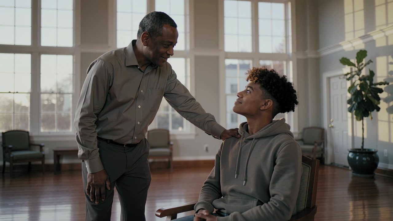 Placing hand, man in shirt leaning, speaking, soothing teen in hoodie in chair in counseling room