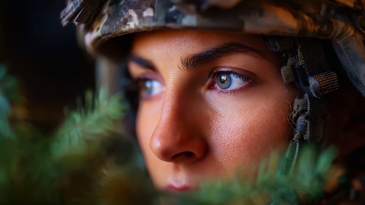 Primo piano di una soldatessa in tenuta mimetica, che mostra determinazione e concentrazione in un ambiente naturale e in un'atmosfera da zona di guerra