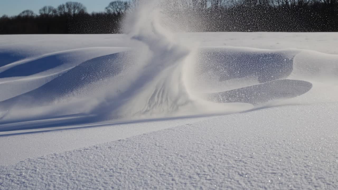 A low-angle shot of snowdrifts in a field, capturing the smooth, wavy patterns
