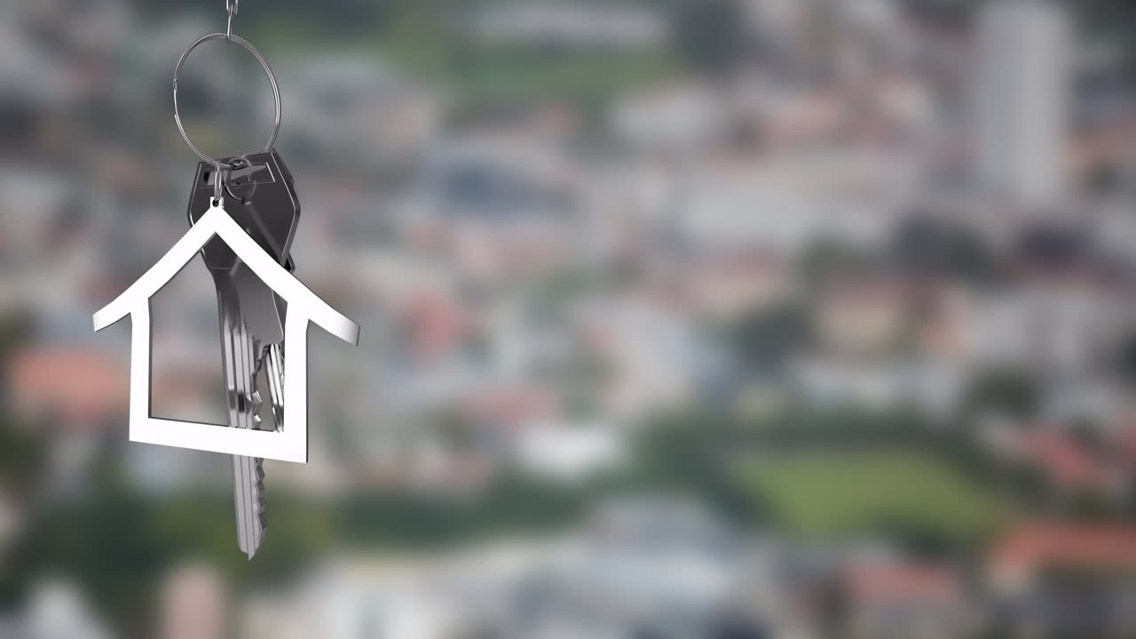 Animation of silver house key and jey fob over cityscape