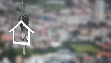 animation of silver house key and jey fob over cityscape