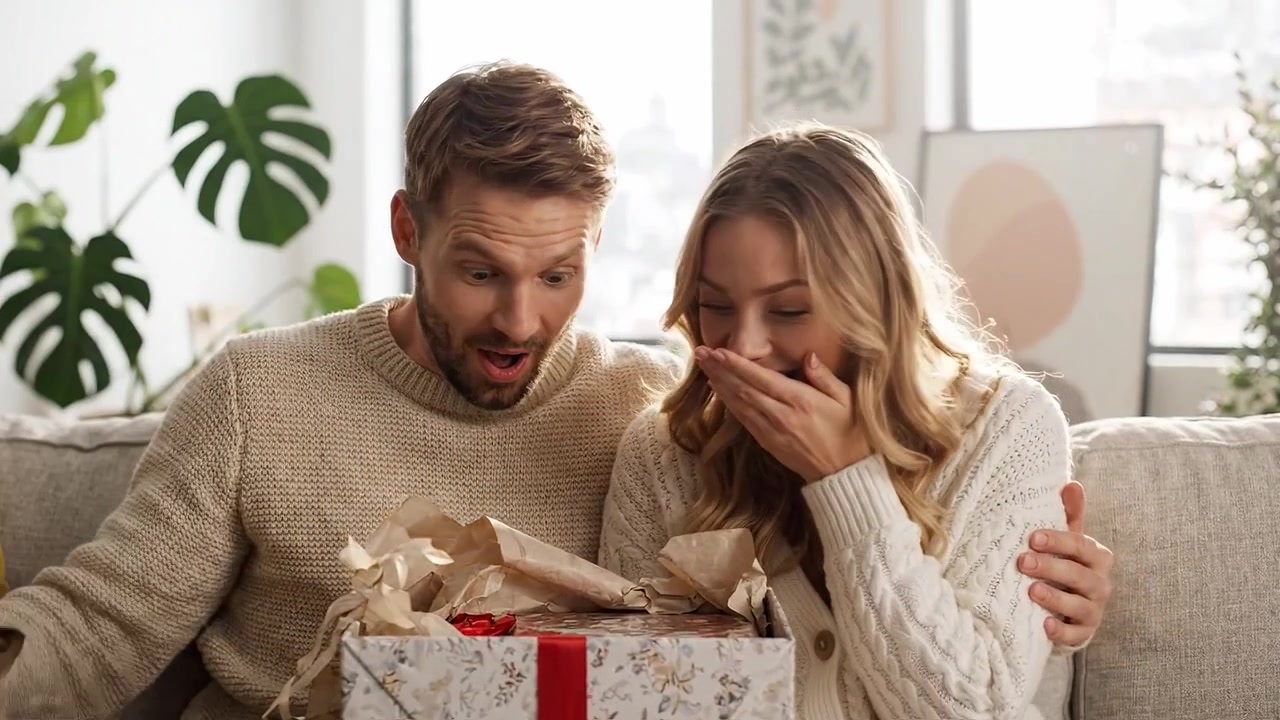 Revelação de Presente Surpresa: Um Casal Feliz Compartilhando Alegria em Sua Casa Aconchegante com um Presente Lindamente Embalado em um Dia Brilhante e Alegre.