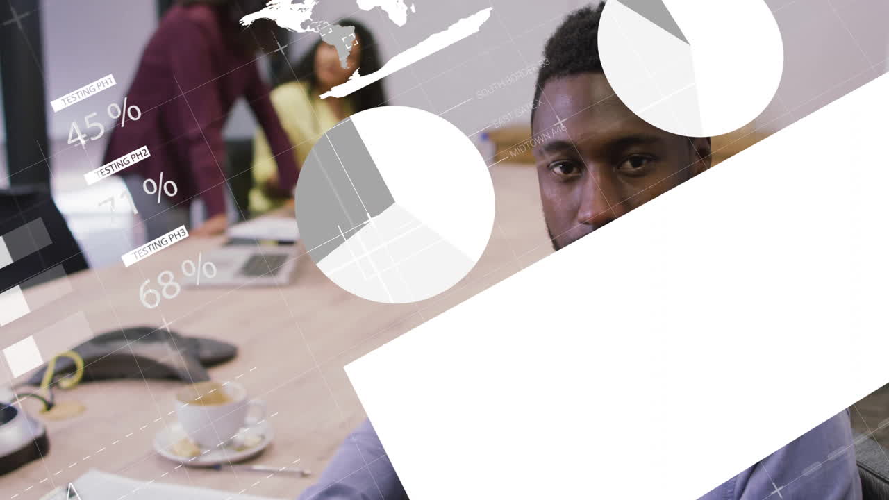 Business meeting with data charts and graphs animation overlaying diverse team