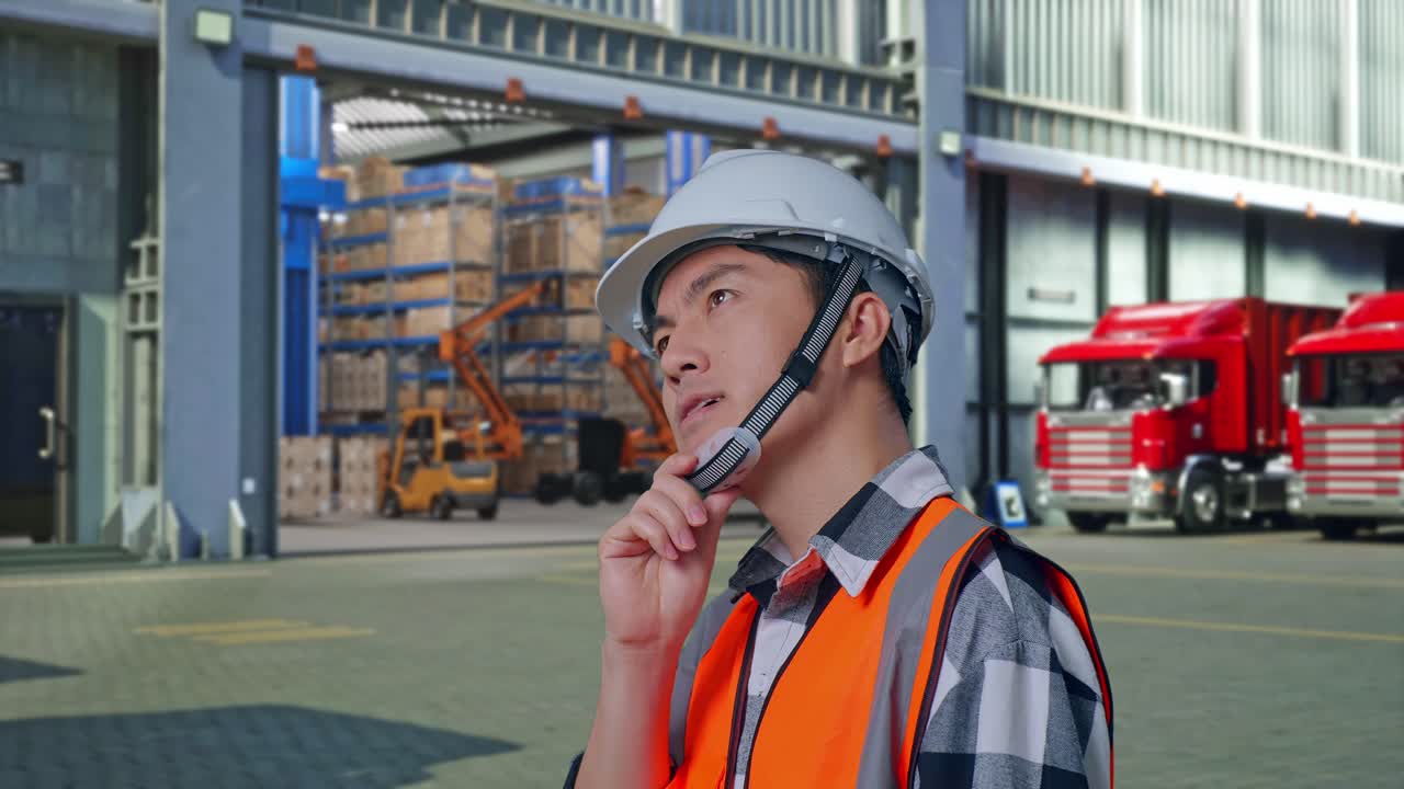 Close Up Side View Of Asian Male Engineer With Safety Helmet Thinking And Looking Around Then Raising His Index Finger While Standing , Outside of Logistics Distributions Warehouse