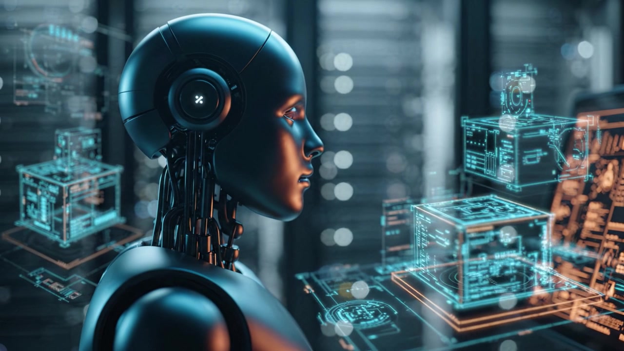Futuristic AI Robot Analyzing Data in a High-Tech Server Room, Showcasing Advanced Technology and Digital Interfaces Highlighting its Processing Capabilities