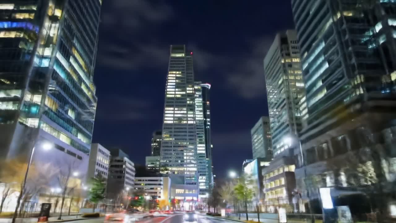 Nighttime Urban Landscape: A Journey Through Illuminated Skyscrapers and Vibrant City Streets Captured in Two Frames