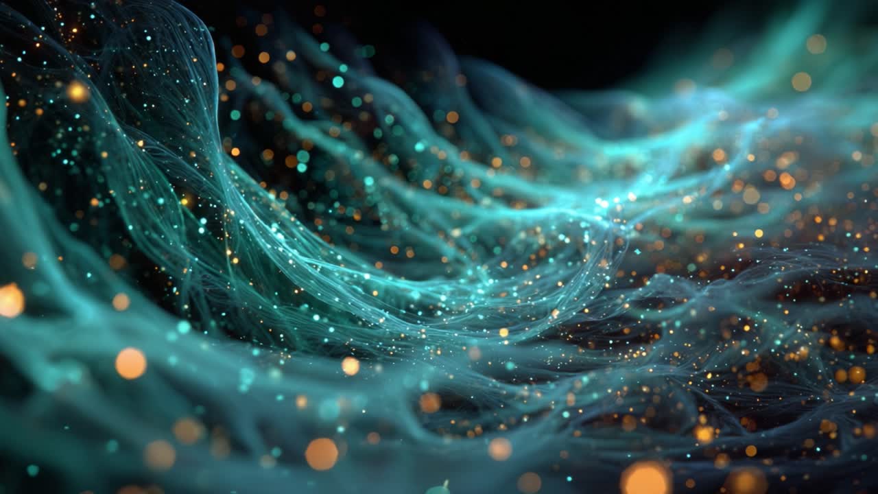 Luminous abstract background showing flowing waves of teal energy and glowing golden particles moving through a dark, mysterious space, creating a beautiful and dynamic visual effect