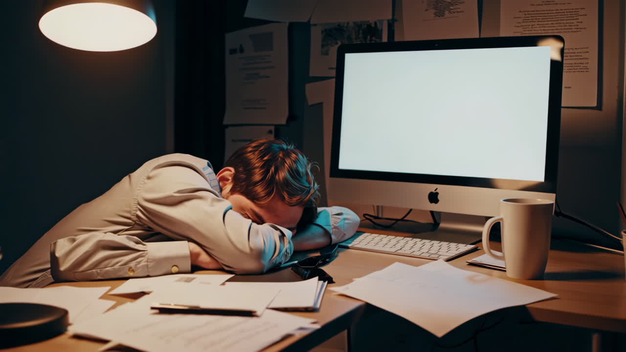Tired Worker Sleeping at Desk at Night