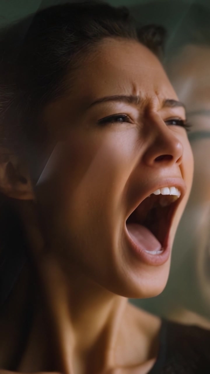 Explosão Emocional Intensa: Capturando o Momento de Expressão Crua Enquanto uma Mulher Libera Seus Sentimentos Através de um Grito Poderoso em um Quadro Visual Cativante
