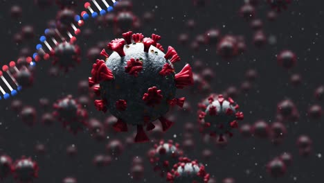 animation of dna strand spinning over covid 19 cells falling ondark background