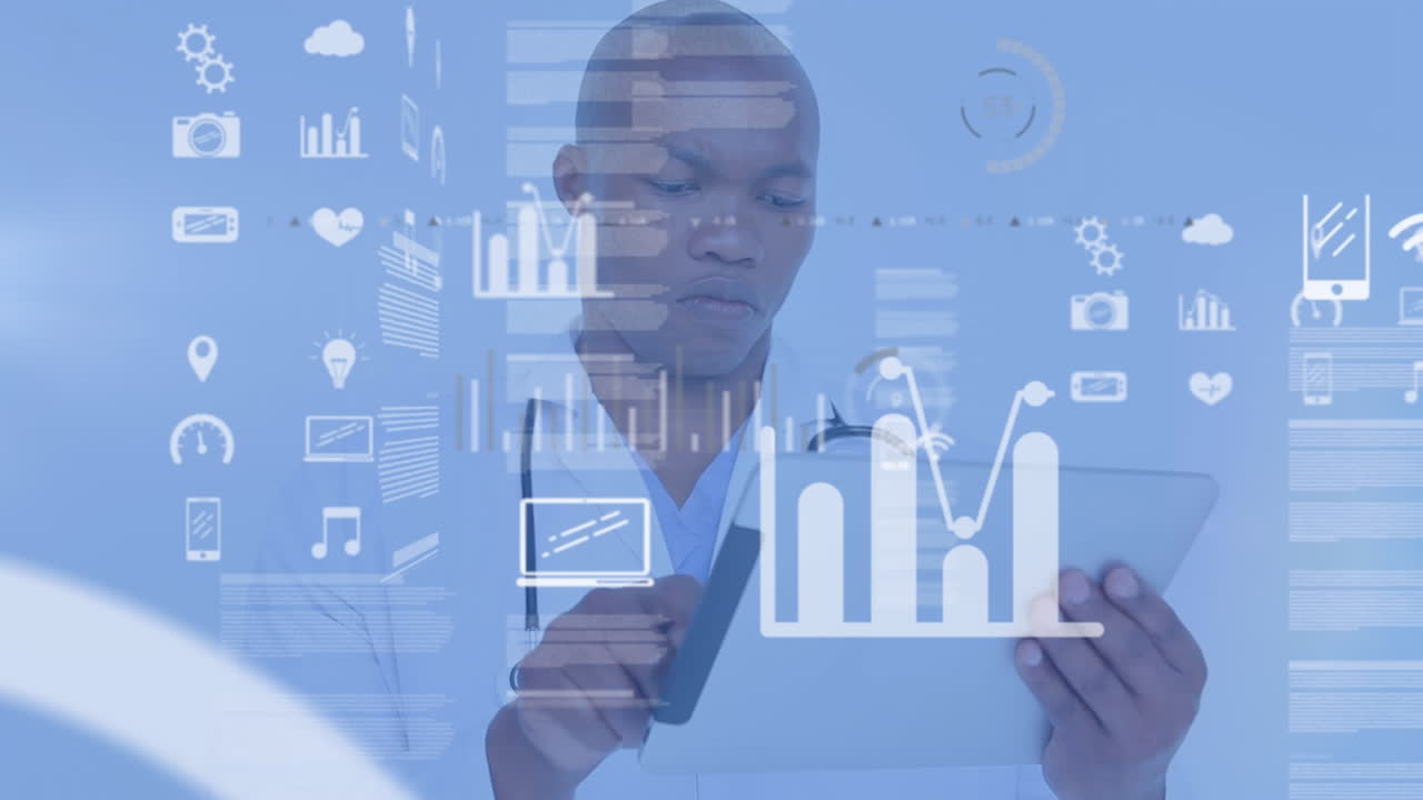 Animation of data processing with doctor man in background