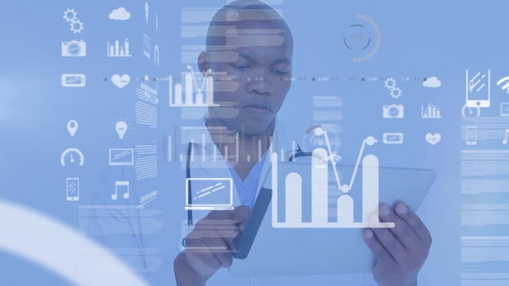 Animation of data processing with doctor man in background