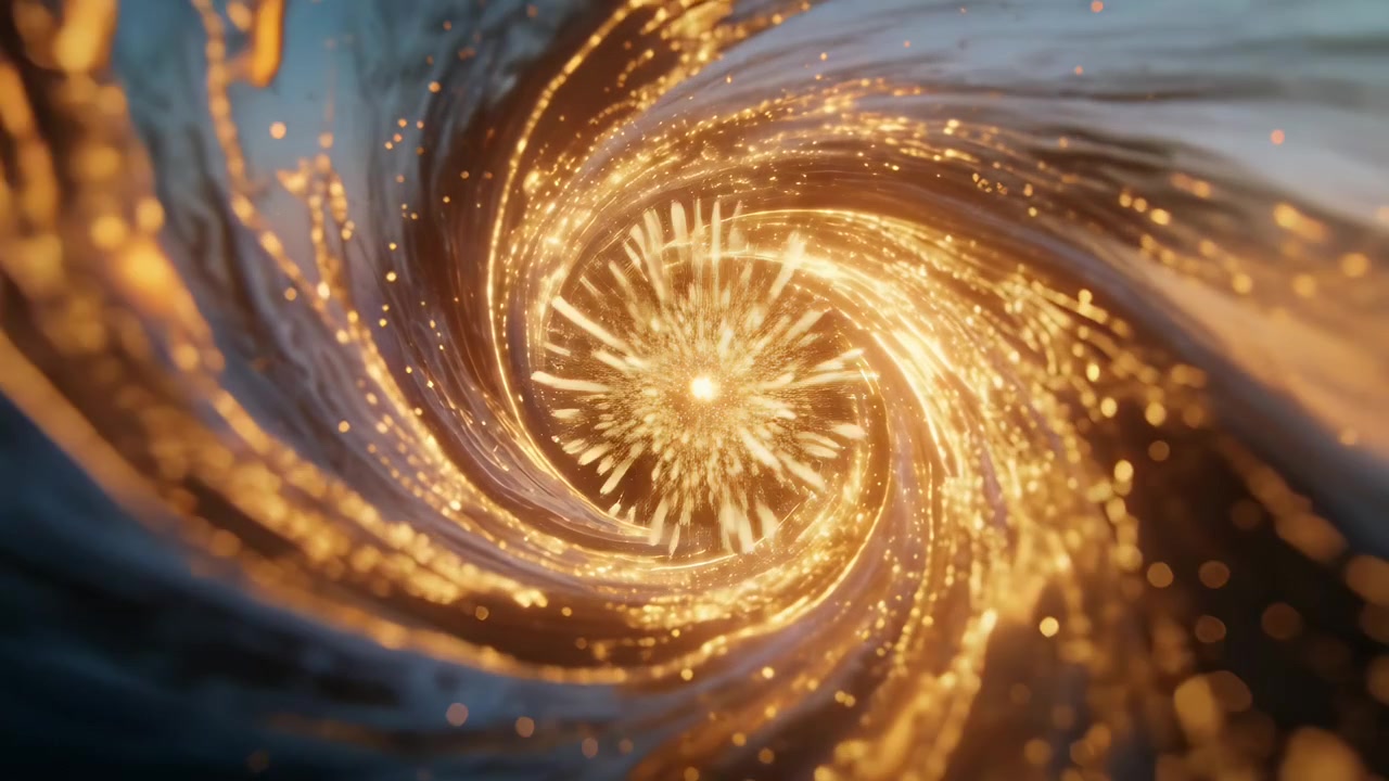 Vortice a spirale rotante che si restringe mentre la telecamera avanza in un wormhole, attirando particelle nel vuoto.