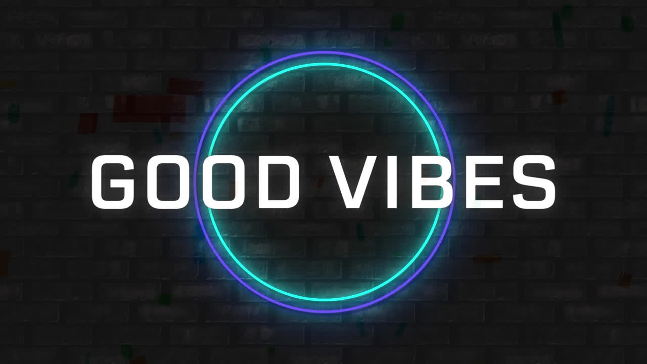 animación de texto de buenas vibraciones sobre dos círculos de neón
