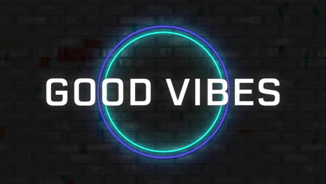 animación de texto de buenas vibraciones sobre dos círculos de neón