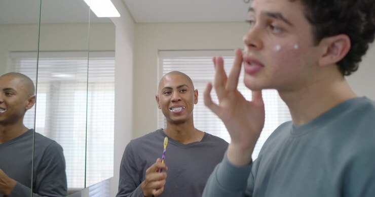 Two adult men prompted by morning routine squeezing toothpaste, brushing teeth at bathroom mirror