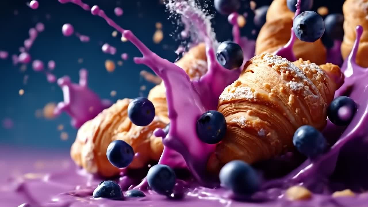 A bunch of croissants with blueberries and powdered sugar on top of them