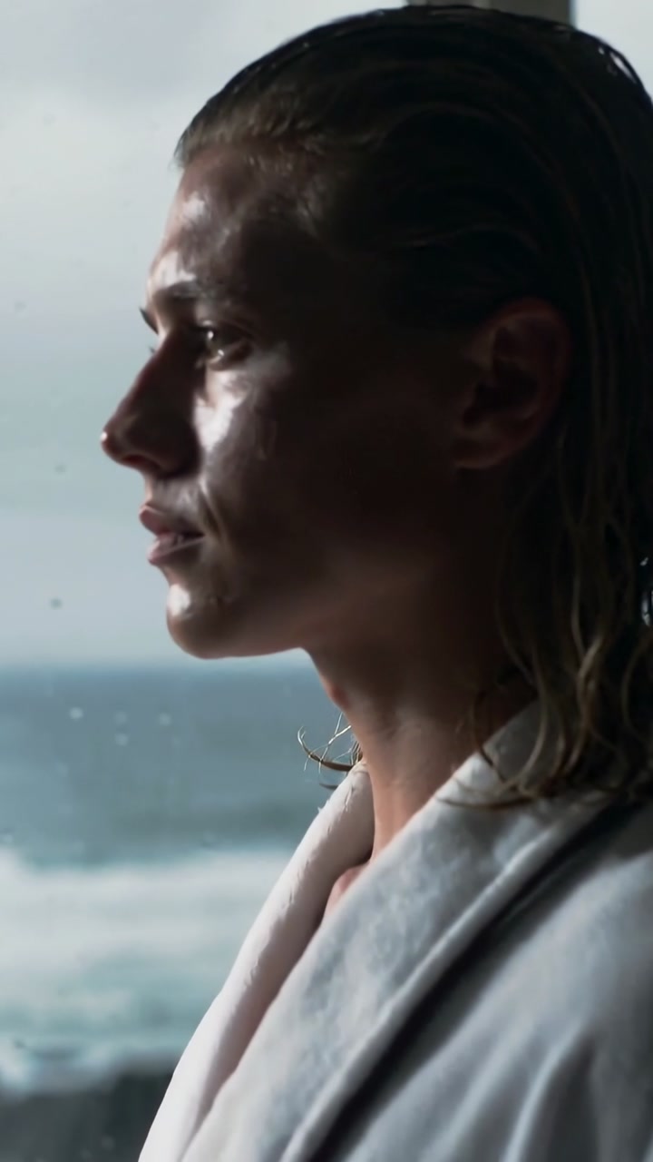 Vertical video: Gazing man in white bathrobe at window to sea, post-swim, raindrops, zooming