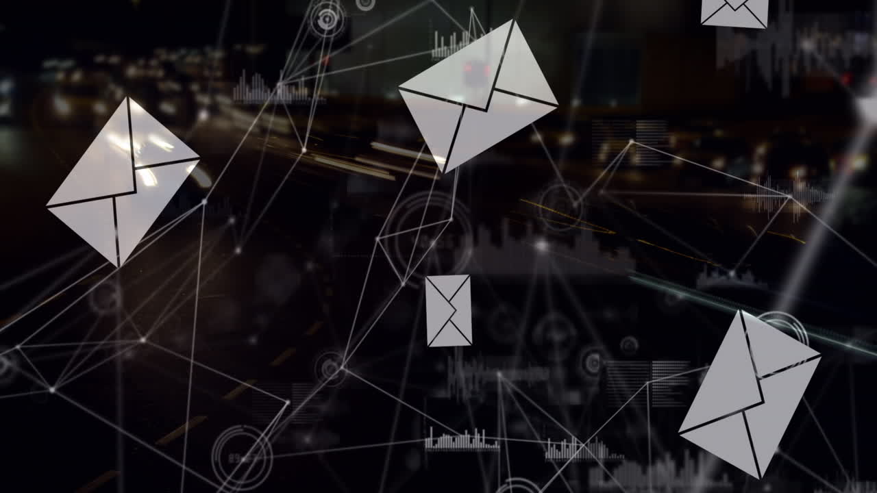 animación de la envoltura que cae, puntos conectados e iconos gráficos sobre el lapso de tiempo de los vehículos en movimiento