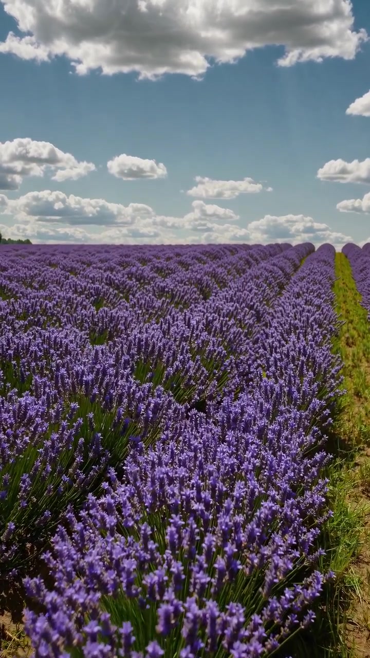 Vasto campo di lavanda in fiore sotto un cielo azzurro con nuvole bianche