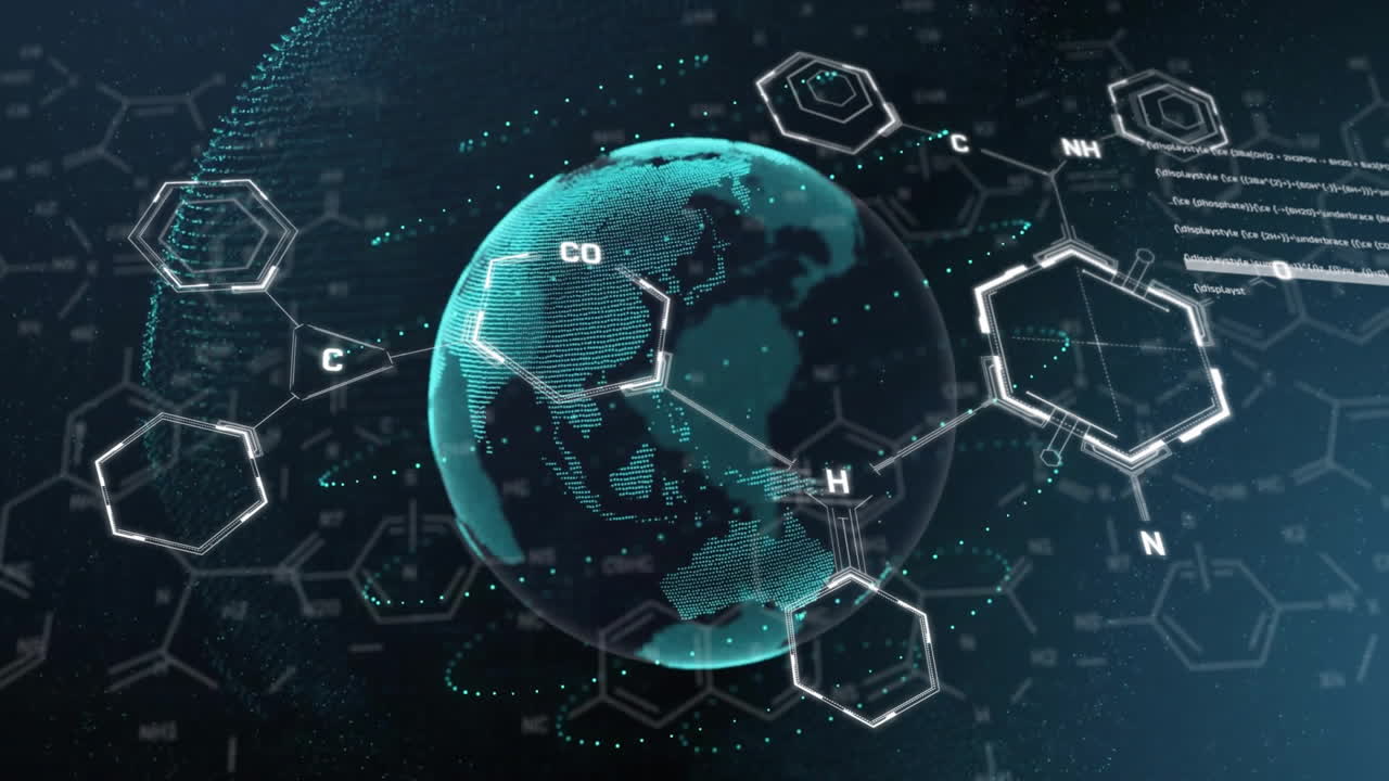 검은 바탕에 지구상에서 화학 공식의 애니메이션