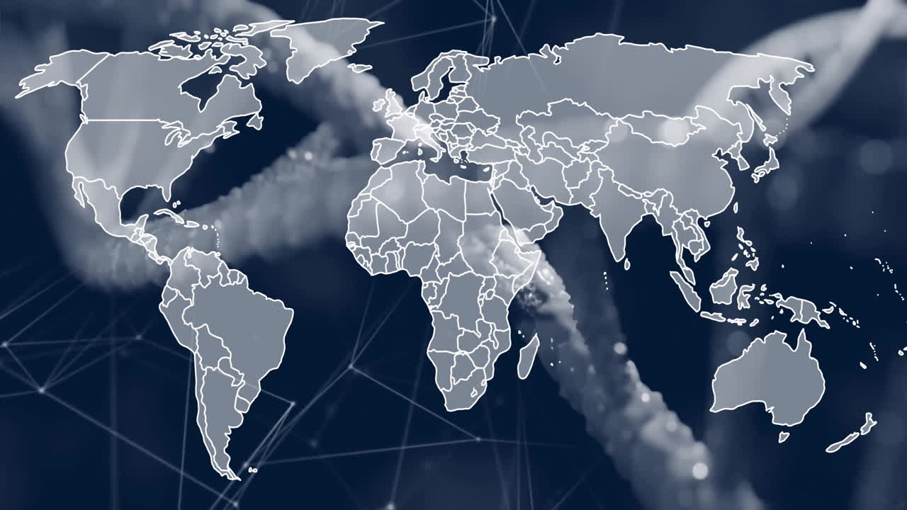 Animation of world map overlay with network connections and abstract elements