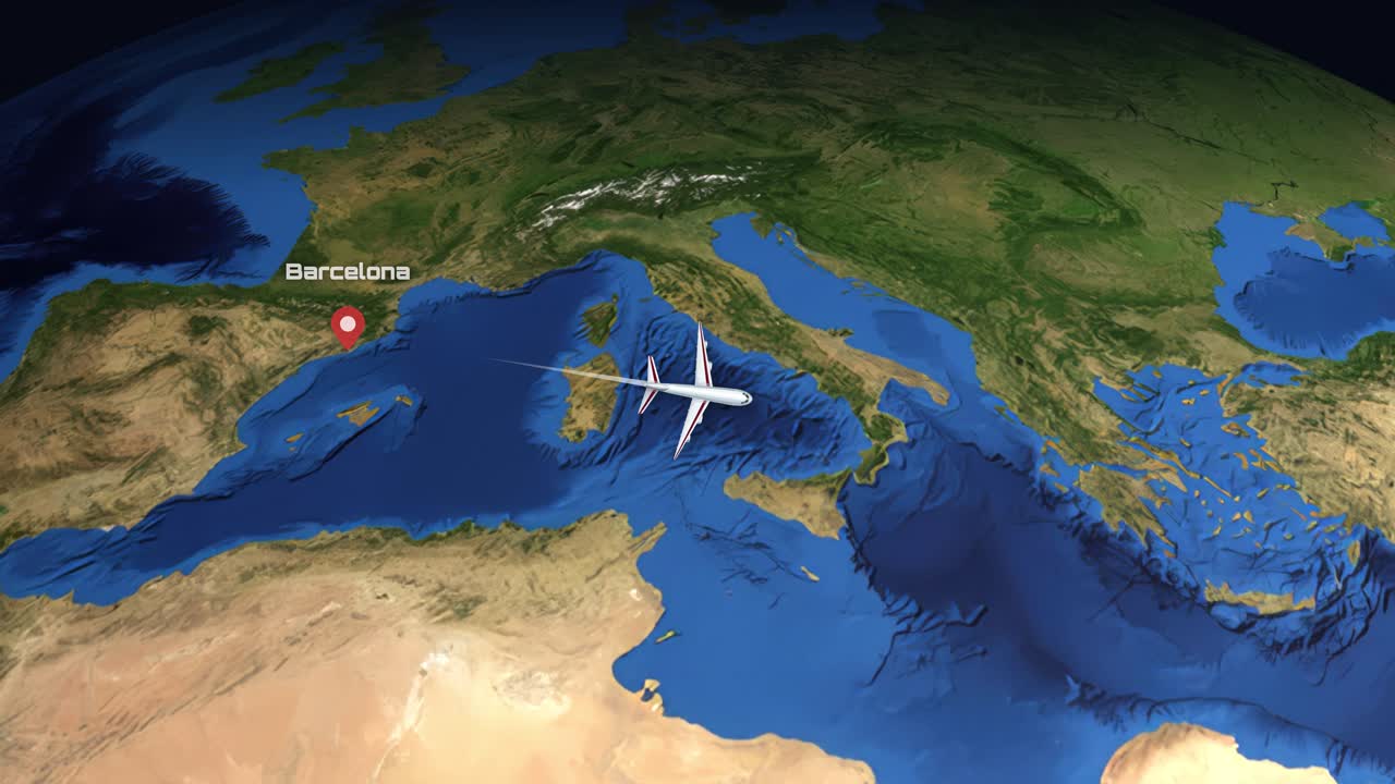 Satellite view animation tracks a commercial airplane flying from Barcelona across the Mediterranean to Doha