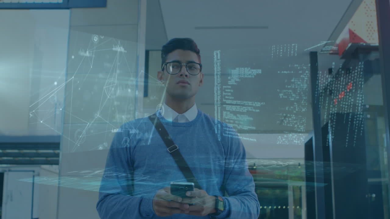 animación del procesamiento de datos financieros sobre un hombre caucásico que usa un teléfono inteligente