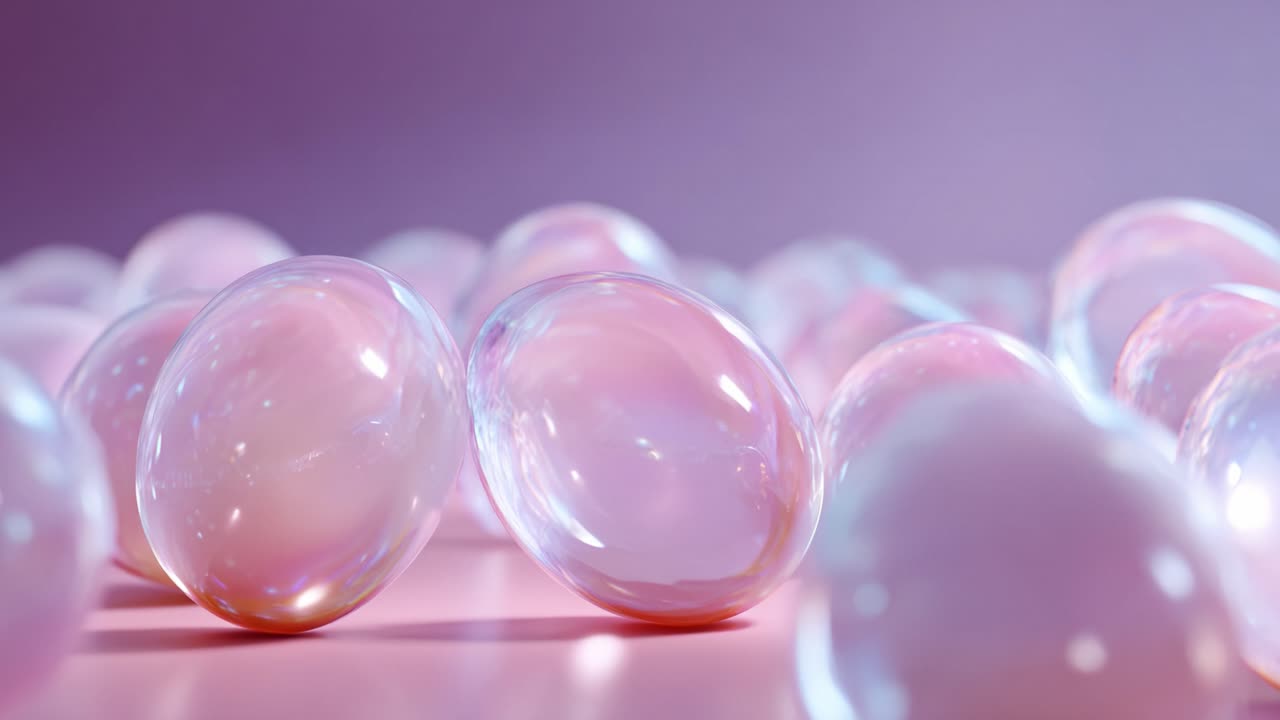 Una vista ravvicinata di bolle rosa scintillanti su una superficie liscia con tenui riflessi di luce e uno sfondo sognante, che evoca un senso di serenità e meraviglia.