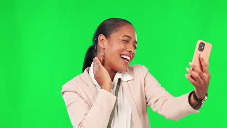 Green-screen,-selfie-and-woman-with-phone