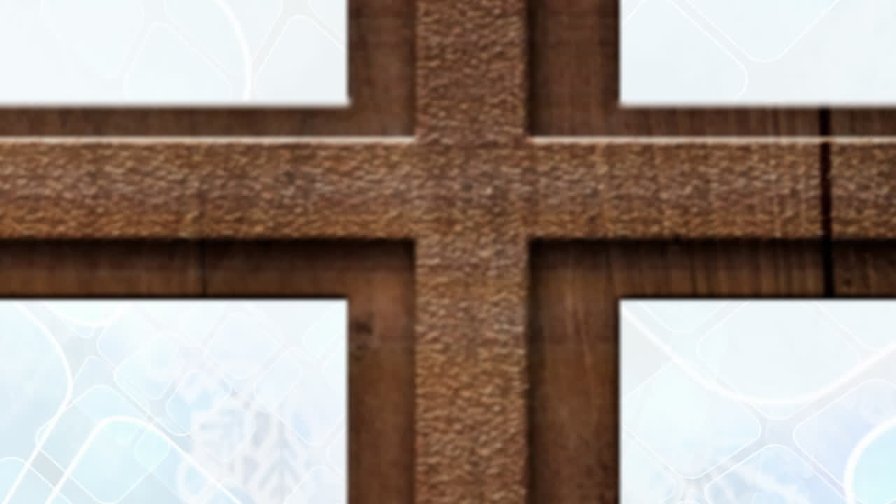 크리스마스 트리와 나무 창문 프레임은 파란 바탕에 여러 개의 파란 사각형 모양을 배경으로합니다.