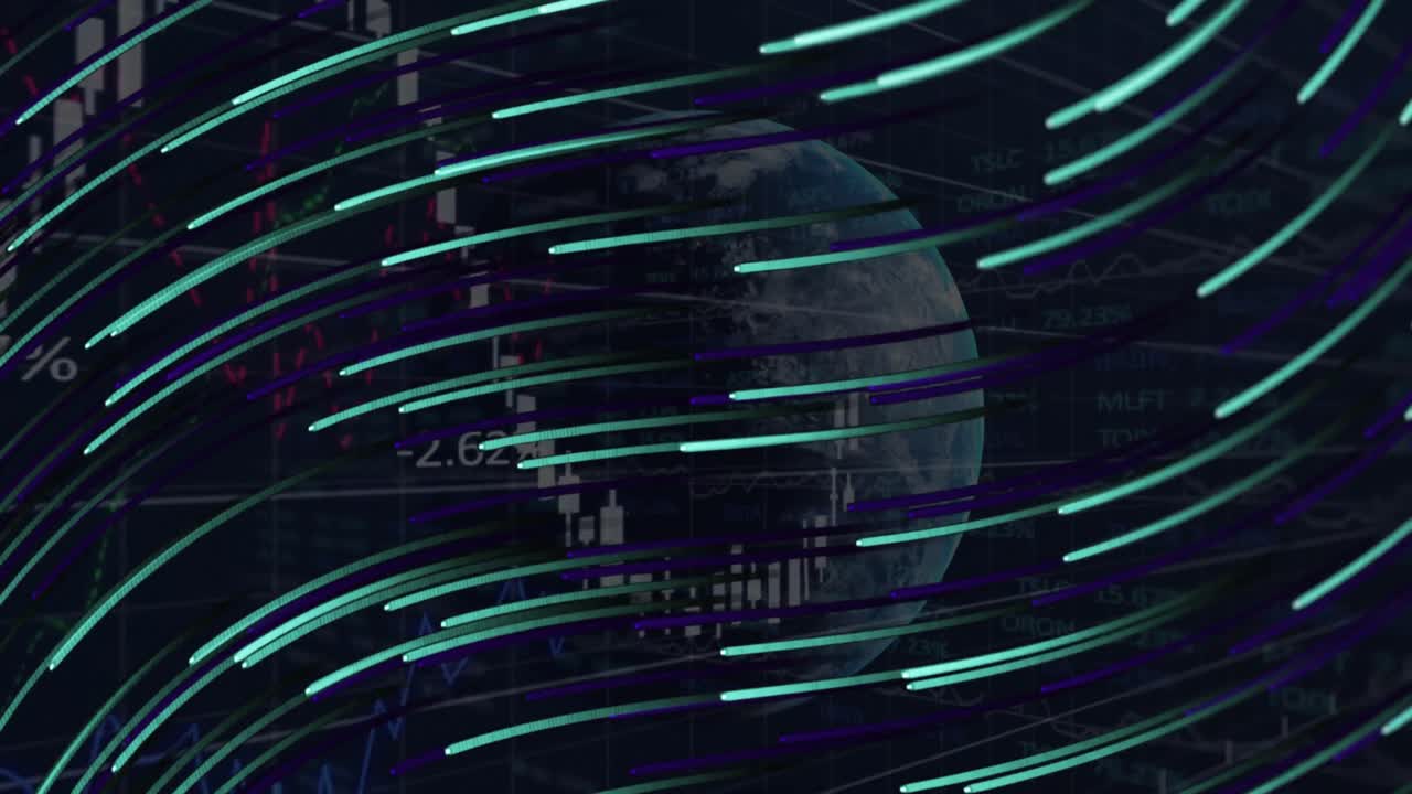 Animation of financial data processing green light trails and globe