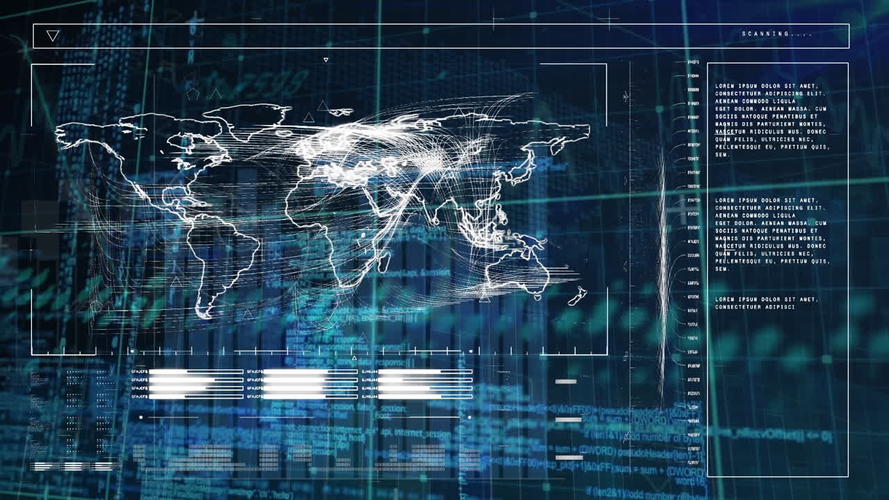 검은 바탕에 있는 세계 지도 위의 데이터 처리 애니메이션