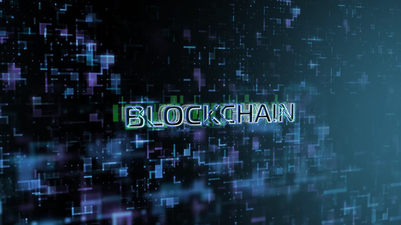 Blockchain Concept Text Reveal Animation with Digital Abstract Technology Background 3D Rendering for Blockchain, Metaverse, Cryptocurrency