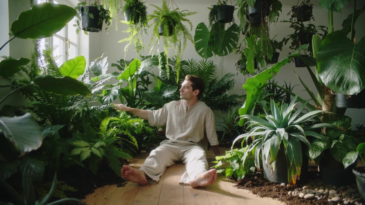 Olhando para a janela, homem descalço de linho, alcançando e inspecionando uma folha de monstera em um canto com plantas.