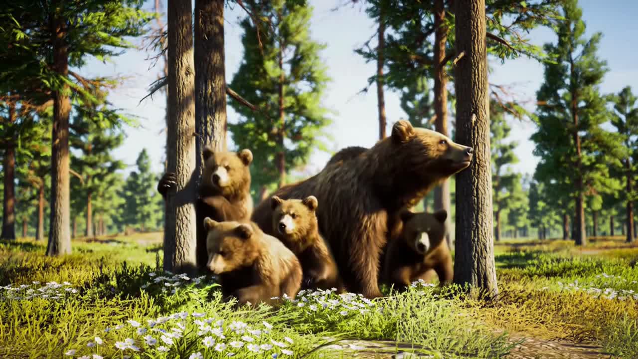 Mother Brown Bear with Four Cubs in a Sunlit Pine Forest