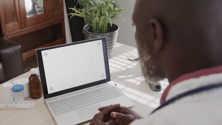 Médecin afro-américain assis à un bureau et utilisant un ordinateur portable avec espace de copie, ralenti.