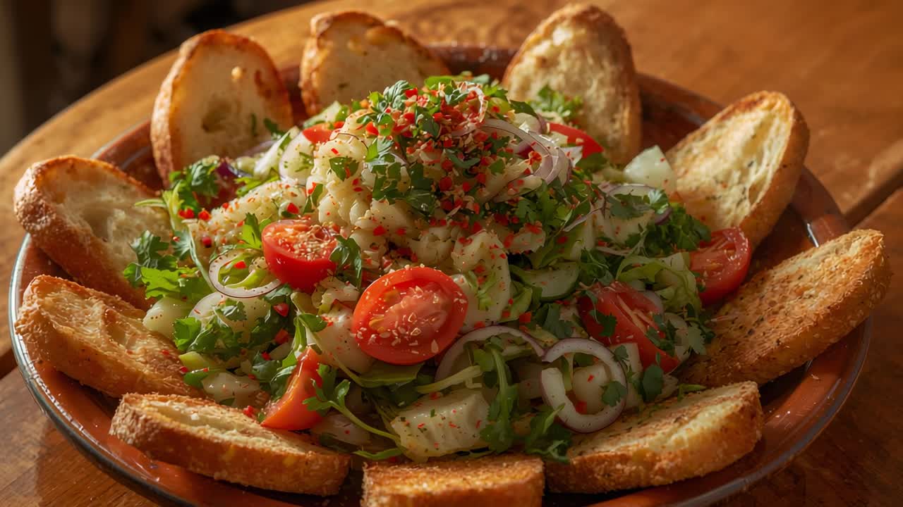 Tạo khung góc máy thu hẹp vào bát salad bằng gốm trên bàn gỗ, hiển thị bánh mì nướng crostini