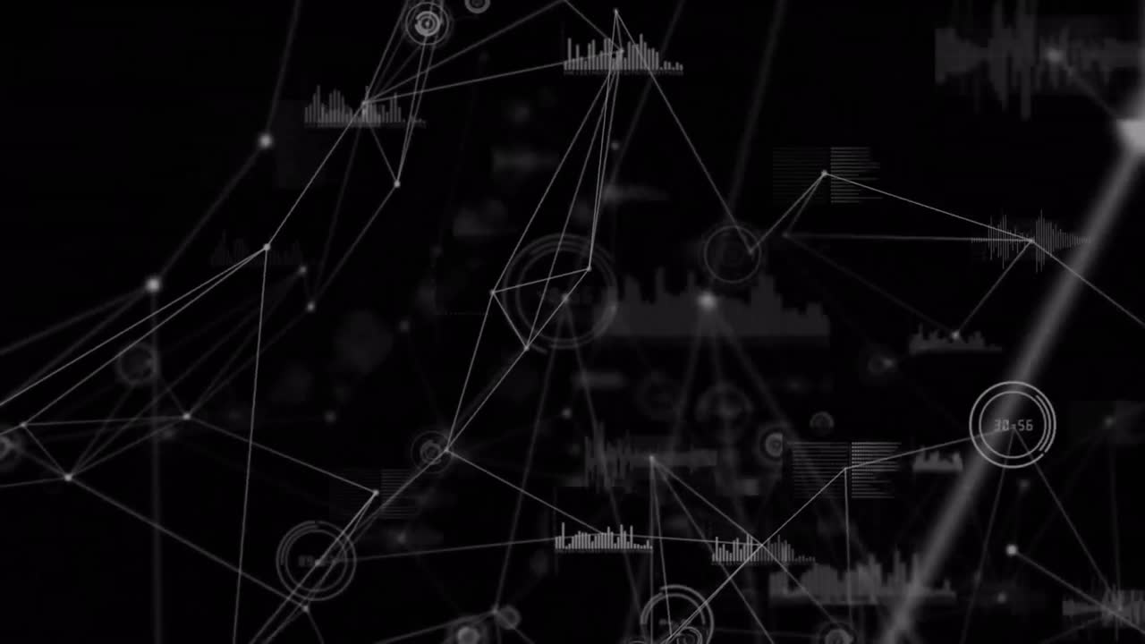 Digital animation of network of connections and data processing against black background