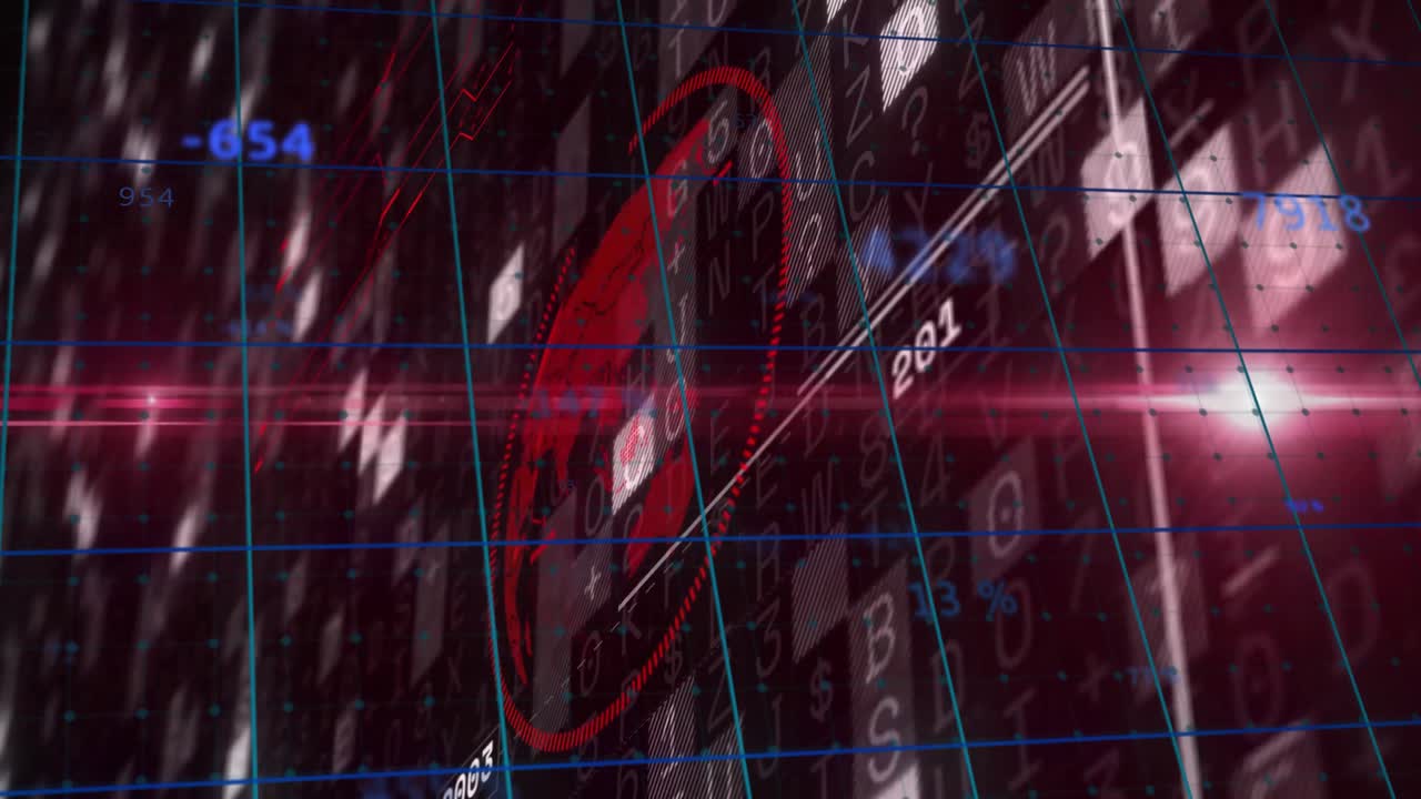 Data cells emerging over grid starting red globe rotating and pulsing while illustrating timeline