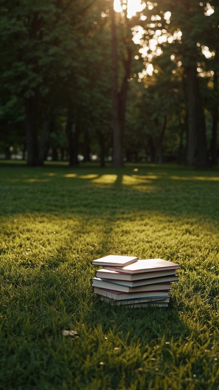 Stack of Books Resting on Green Grass in a Park at Sunset