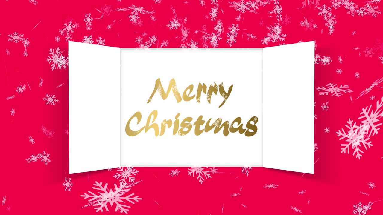 Christmas advent calendar door opening. On Christmas day an open wide doors, falling snowflakes on red background. Animation festive Christmas illustration. 4K video graphic animation