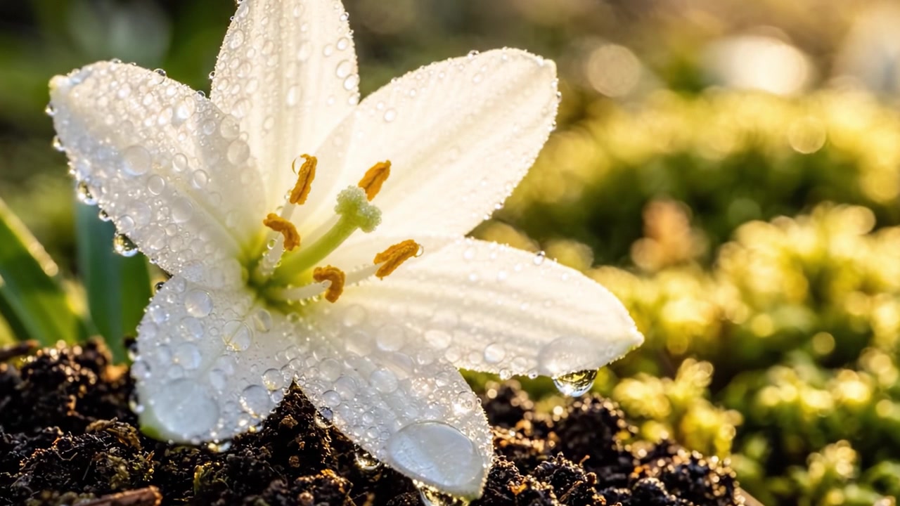 Fængslende nærbillede af en sart hvid blomst med vanddråber, der glimter i blødt morgenlys, hvilket fremhæver naturens skønhed og intrikate detaljer.