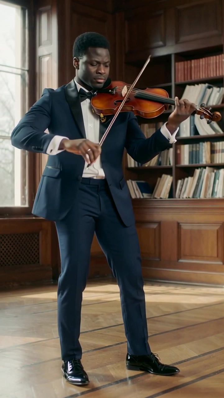 Vertical video: Placing violin under chin, drawing bow, male violinist playing in room with tuxedo