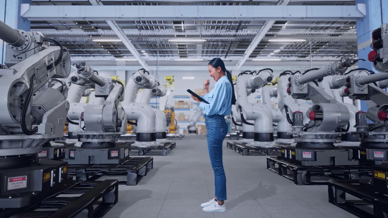 여성 엔지니어가 공장에서 로 팔을 확인하고 있습니다.